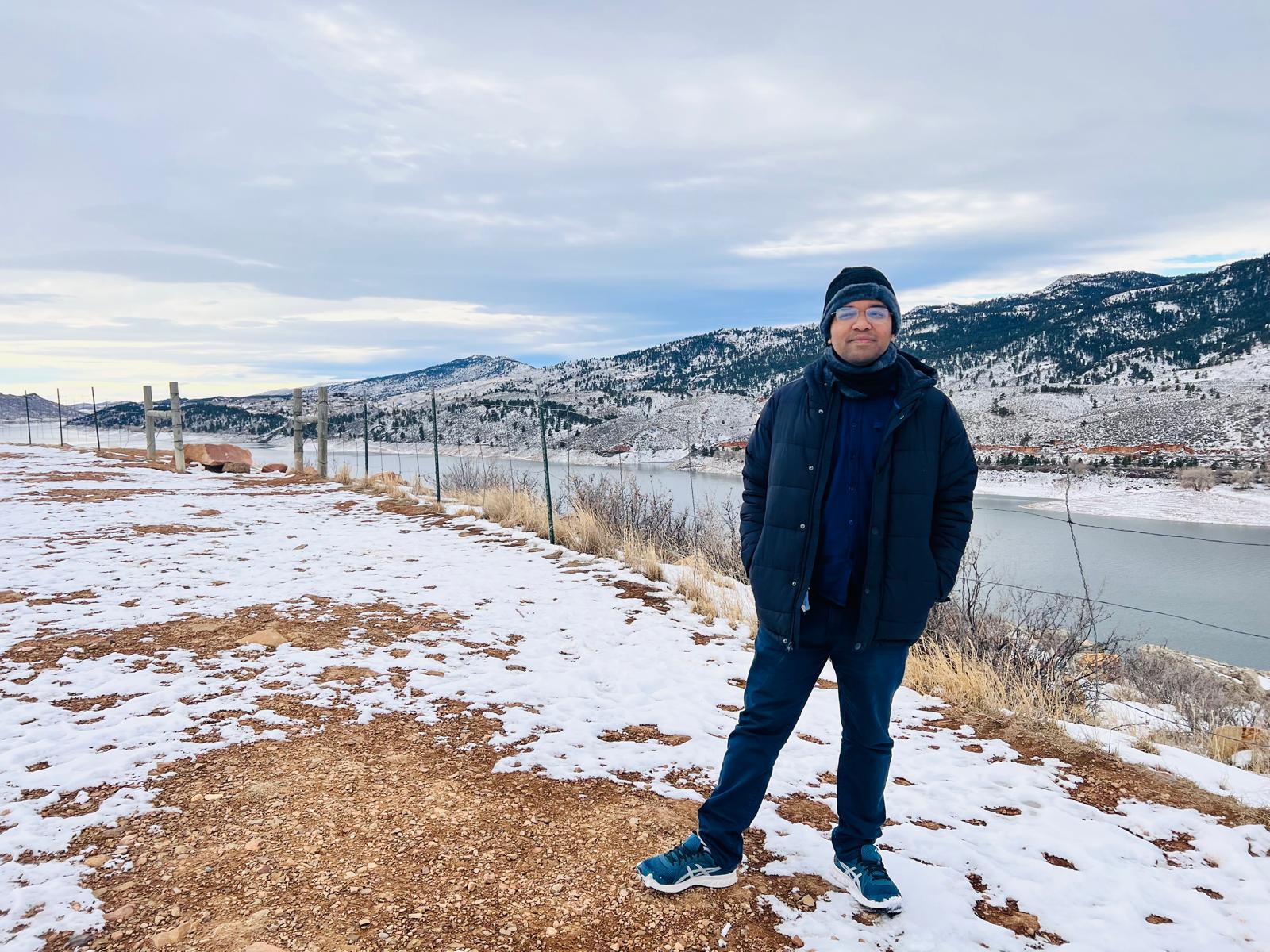 Snowy reservoir landscape in Colorado
